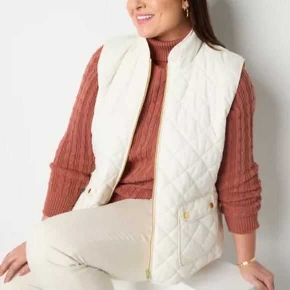 NWT St John’s Bay Women’s Ivory White Mock Neck Quilted Puffer Vest Size Medium - Picture 1 of 8